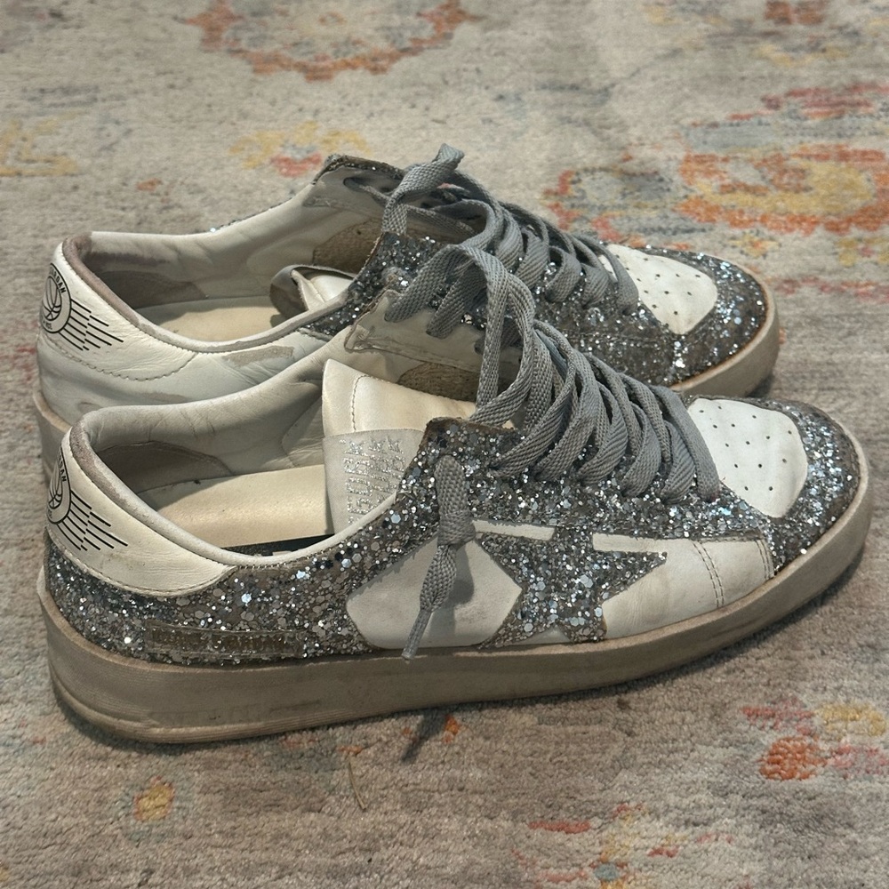 Golden Goose White and Silver Glitter Sneakers